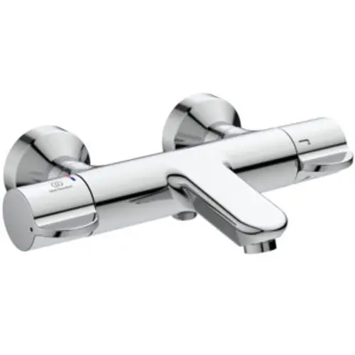Thermostatarmatur aus Chrom von Ideal Standard mit zwei Bedienelementen und einem seitlichen Auslauf. Geeignet für Badezimmerinstallationen.